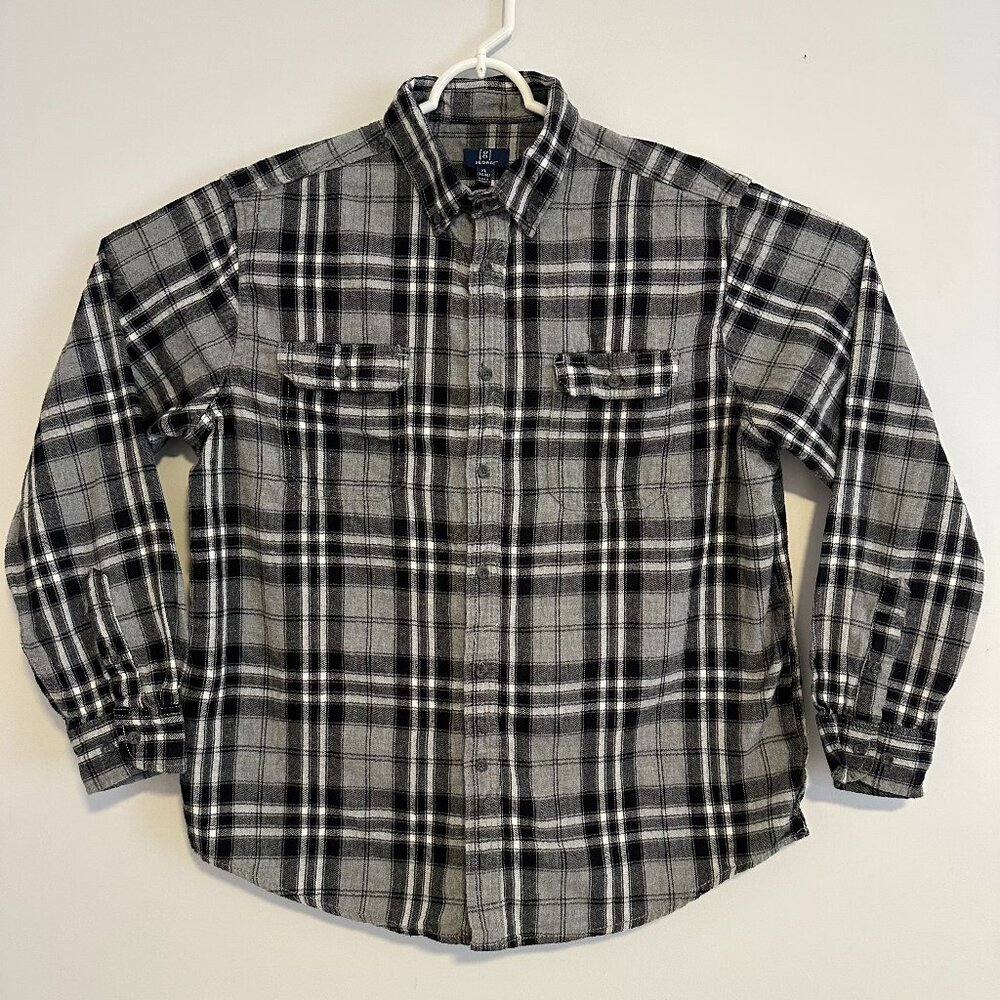 George Casual Button Down Mens XL Black Gray Plaid Minimalist Flannel Shirt
